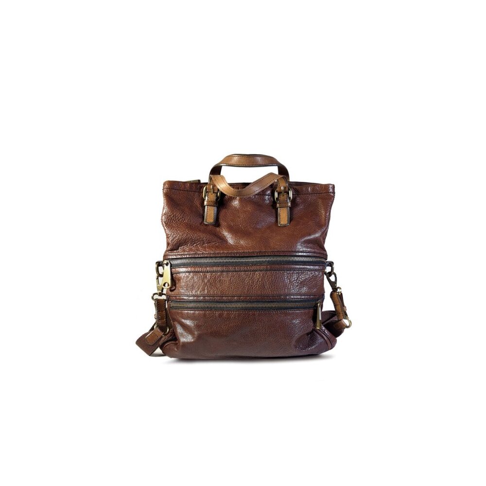Fossil Brown Leather Crossbody Tote with Gold Hardware